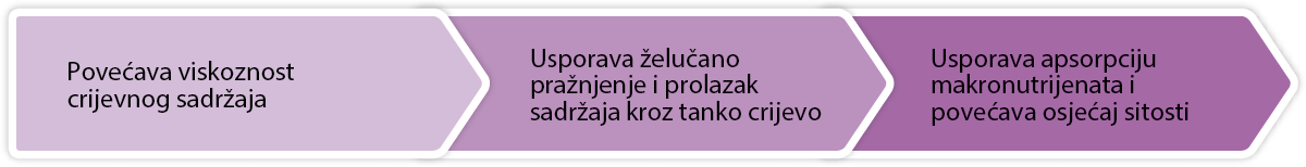 Povećava viskoznost crijevnog sadržaja – Usporava želučano pražnjenje i prolazak sadržaja kroz tanko crijevo – Usporava apsorpciju makronutrijenata i povećava osjećaj sitosti