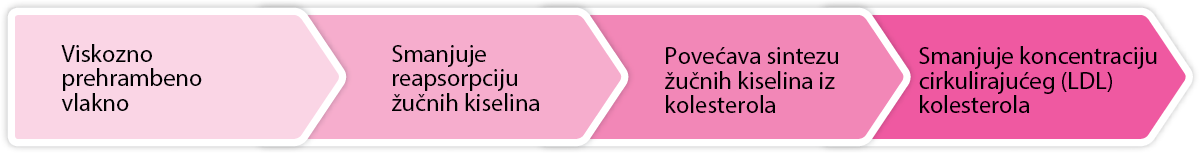 Viskozno prehrambeno vlakno – Smanjuje reapsorpciju žučnih kiselina – Povećava sintezu žučnih kiselina iz kolesterola – Smanjuje koncentraciju cirkulirajućeg (LDL) kolesterola